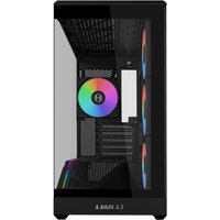 Black Lian Li Vector V100R MINI tower with glass panel, RGB fans, and sleek design.