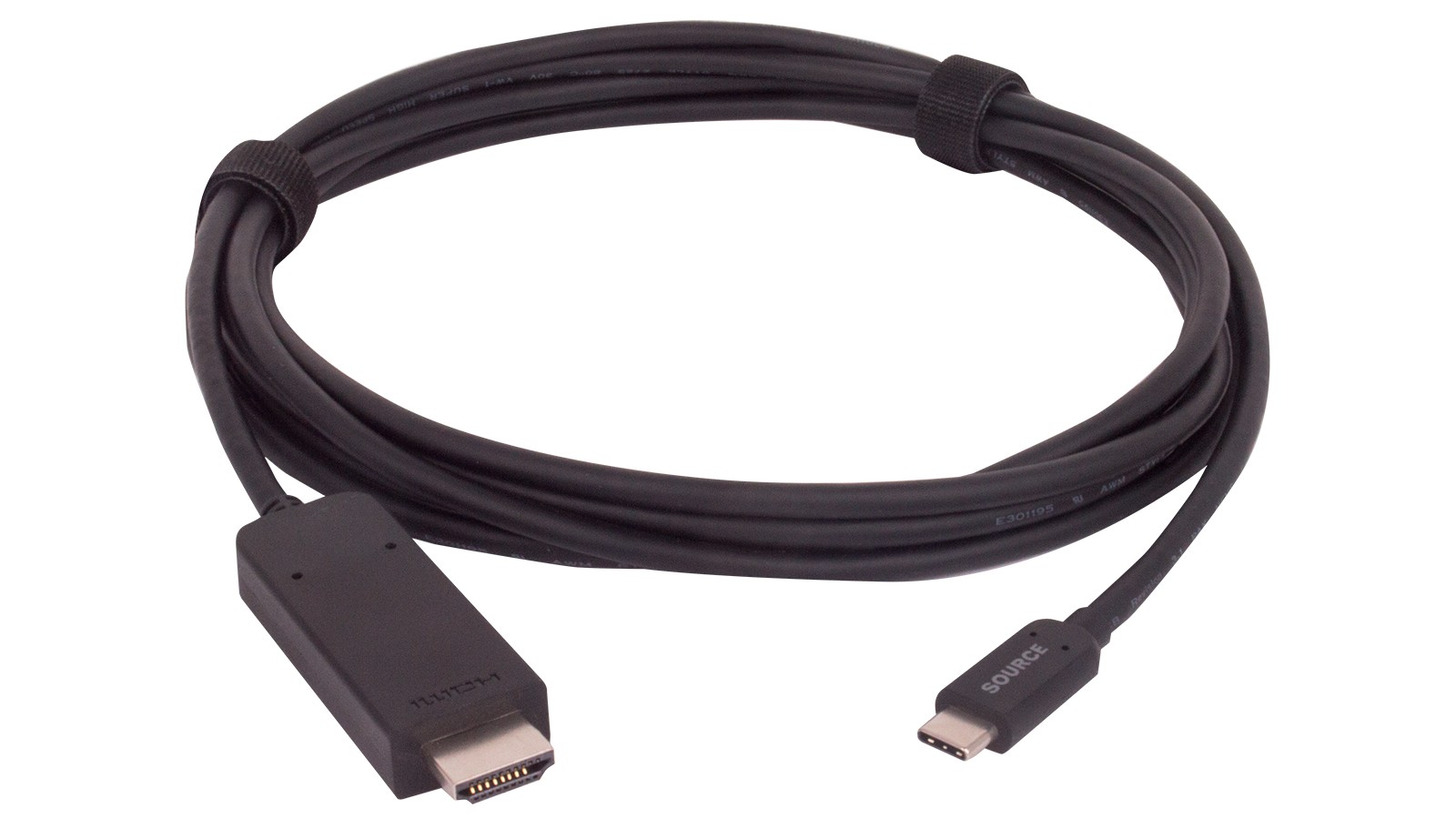 Black 15-foot USB-C male to HDMI cable with molded connectors, featuring a flexible rubberized exterior and labeled ends for easy identification.