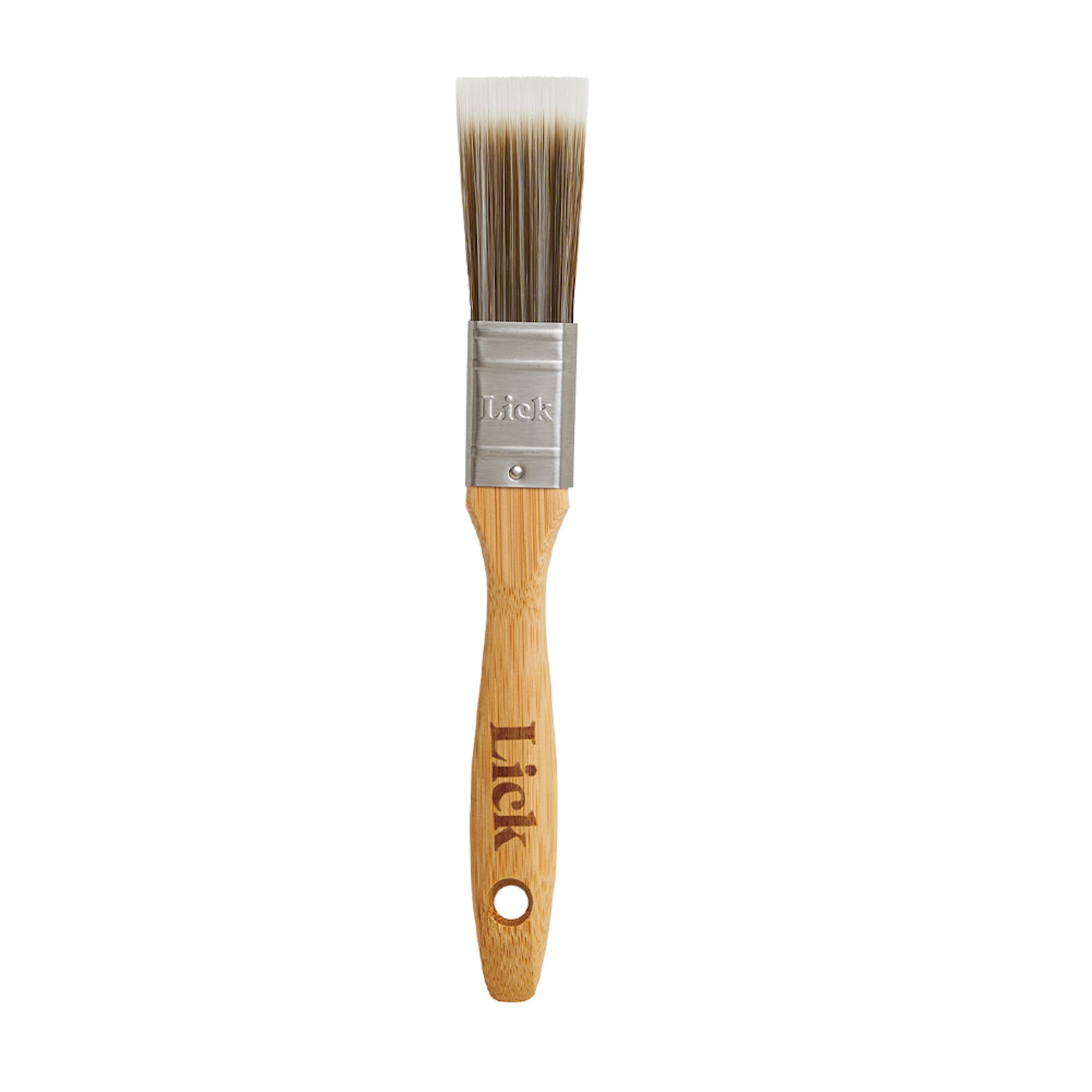 Flat 1" (25mm) paint brush with a bamboo handle, stainless steel ferrule, and soft bristles designed for zero bristle loss, featuring the "Lick" logo on the handle.