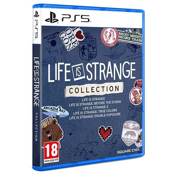 Blue PlayStation 5 game case featuring "Life Is Strange Collection" title, adorned with various colorful stickers and logos, including "Arcadia Bay" and "Before the Storm."