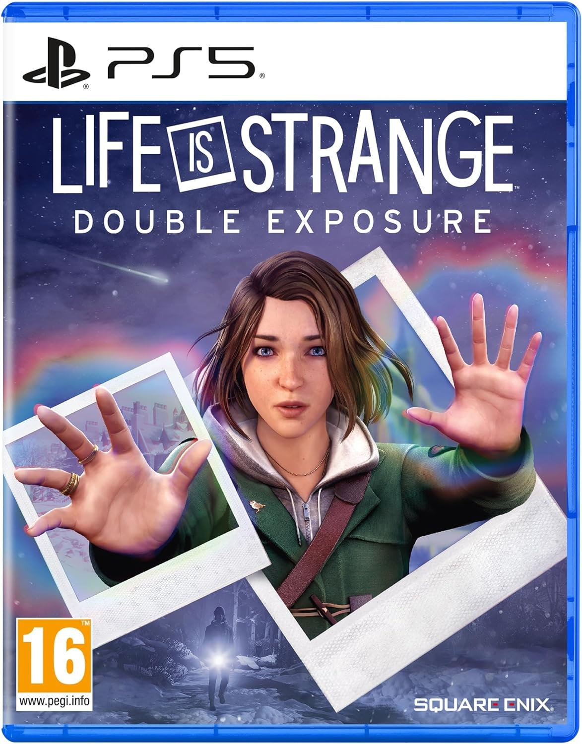 Cover art for "Life Is Strange: Double Exposure" featuring a young woman with brown hair, hands raised, surrounded by a colorful aura, on a blue PS5 case.