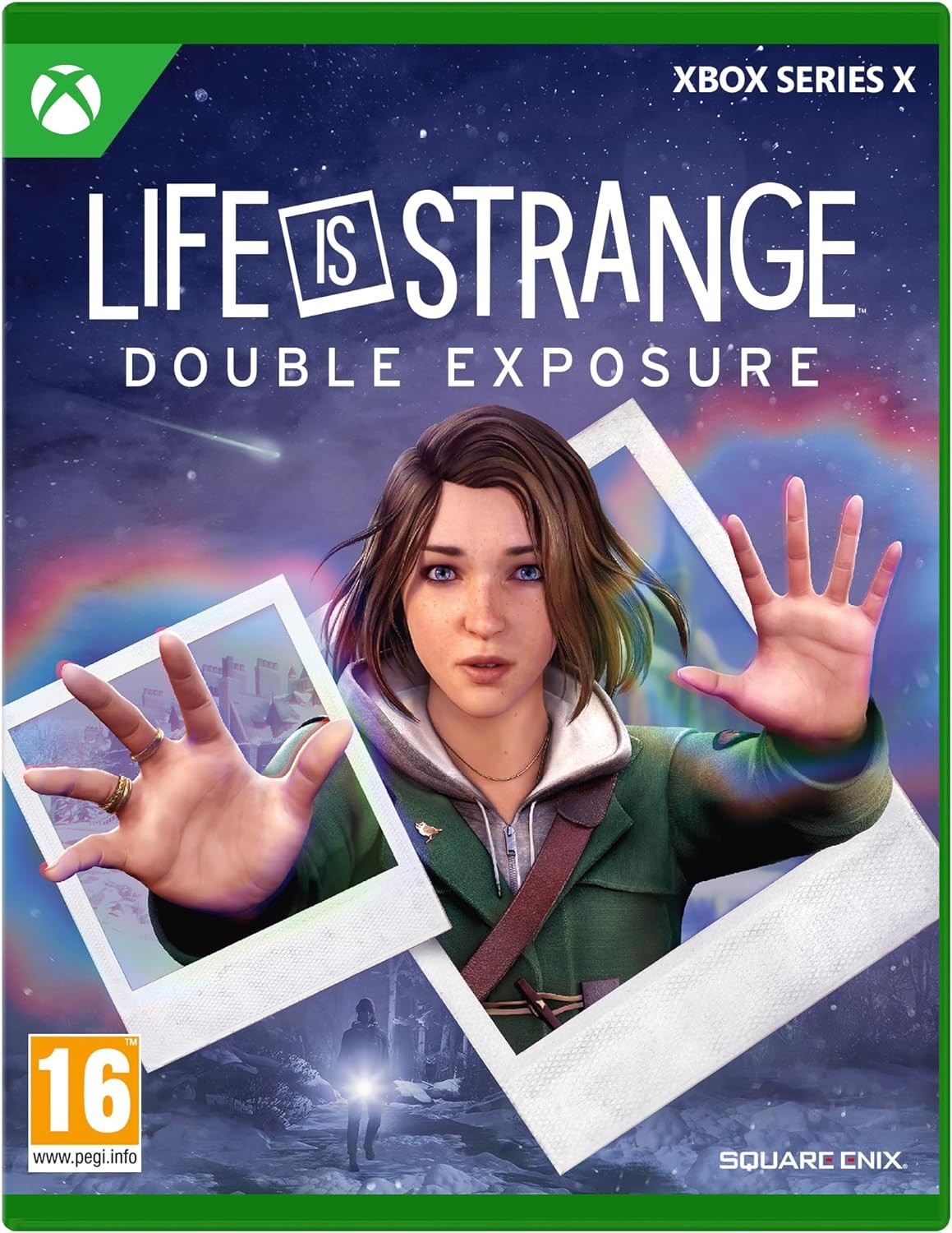 Cover art features a young woman with brown hair in a green jacket, surrounded by polaroid frames, with a dark blue background and the title "LIFE IS STRANGE: DOUBLE EXPOSURE" prominently displayed.