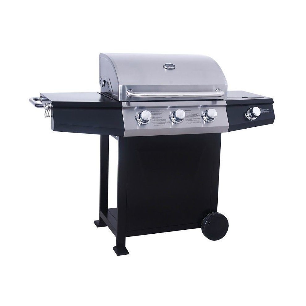 Stainless steel 3-burner BBQ with a side burner, featuring a sleek silver hood, black cart, and three control knobs, mounted on sturdy wheels for mobility.