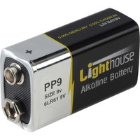 Lighthouse 9v alkaline battery, black and silver casing with yellow lightning bolt and text, PP9 size.