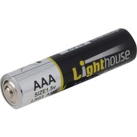 Lighthouse LR03 AAA alkaline battery, black and silver casing with yellow accents, labeled "Extra Long Life."