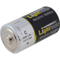 Black and silver Lighthouse LR14 C alkaline battery with yellow logo and 1.5V marking.