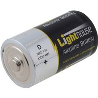 Lighthouse LR20 D Alkaline Battery, silver and black casing with yellow accents, labeled 1.5V Extra Long Life.