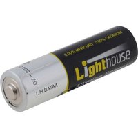 Lighthouse LR6 AA alkaline battery, silver and black with yellow text, labeled "Extra Long Life."