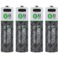 "Lighthouse USB-C Rechargeable Li-ion AA Batteries, black and white with green lightning icon, set of four"