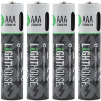 Four black and green Lighthouse USB-C rechargeable Li-ion AAA batteries with bold white branding.