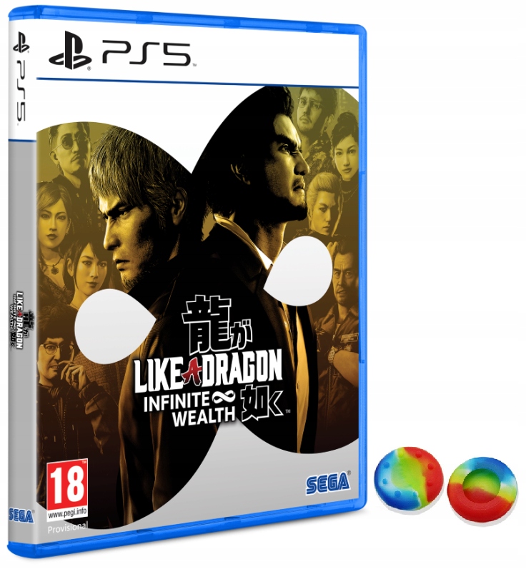 The PS5 game case features a blue cover with a bold title, "Like a Dragon: Infinite Wealth," showcasing two characters against a stylized background, alongside colorful game discs.