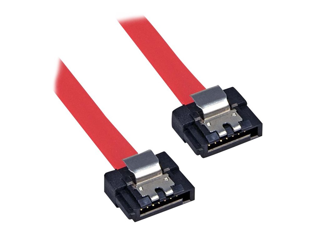 Bright red low-profile SATA cable, 0.2m in length, featuring two black connectors with metal latching clips for secure connection.