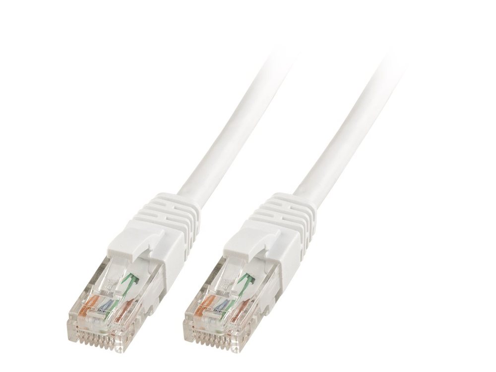 White CAT 6 U/UTP network patch cable, 0.50 meters long, featuring transparent connectors with visible wiring and green arrows indicating cable direction.