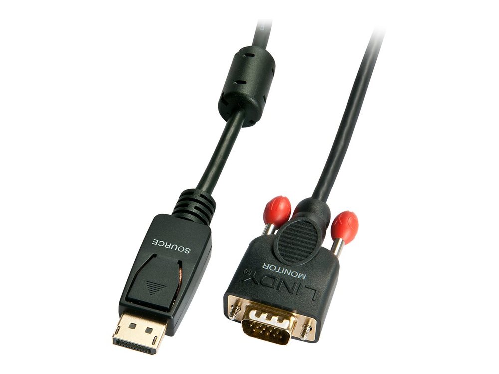 Black 0.50m VGA to DisplayPort cable featuring a 9-pin plug on one end and a DisplayPort connector on the other, with red and black detailing on the VGA side.