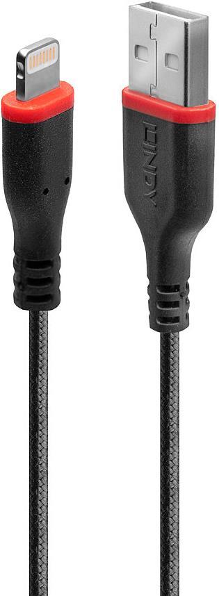 Black USB 2.0 cable featuring a Lightning connector on one end and a USB-A connector on the other, with red accents near the connectors, measuring 0.50 meters in length.