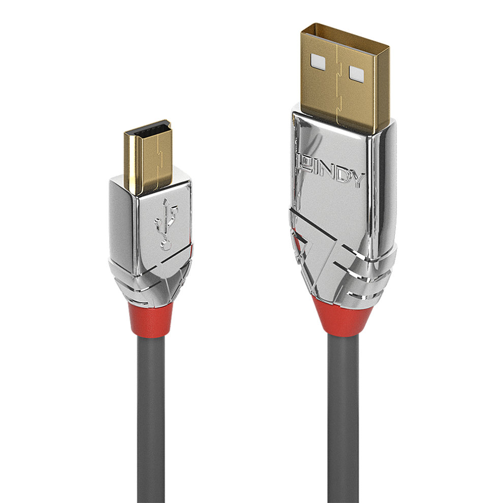 Grey USB 2.0 cable featuring a USB-A plug and a Mini-B plug, with a 0.50 m length and metallic connectors highlighted by red accents.