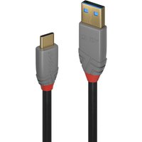 Gray and red Lindy 1.5m USB 3.2 Type A to C cable, 10Gbps, 5A, PD, Anthra Line with gold-plated connectors.