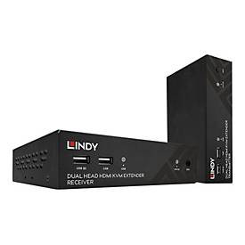 Black dual head HDMI, USB, and RS-232 extender by Lindy, featuring multiple ports and a sleek design, ideal for extending connections up to 100 meters.