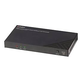 Black metal HDBaseT transmitter with a sleek design, featuring LED indicators, USB port, and ventilation slots, designed for 4K60 audio and IR/RS-232 transmission.