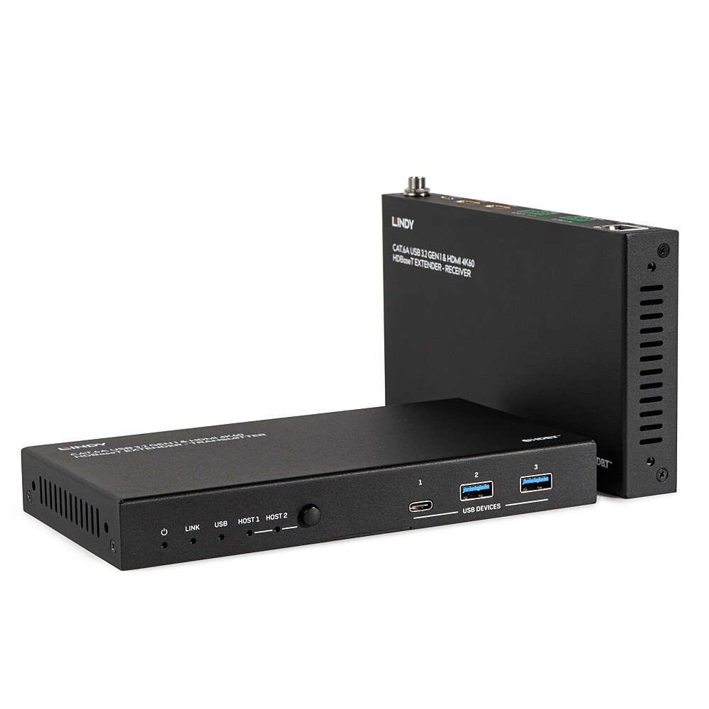 Black metal HDBaseT extender set featuring two units, one with USB 3.2 Gen 1 ports and HDMI 4K60 output, and the other with link indicators and USB device connections.