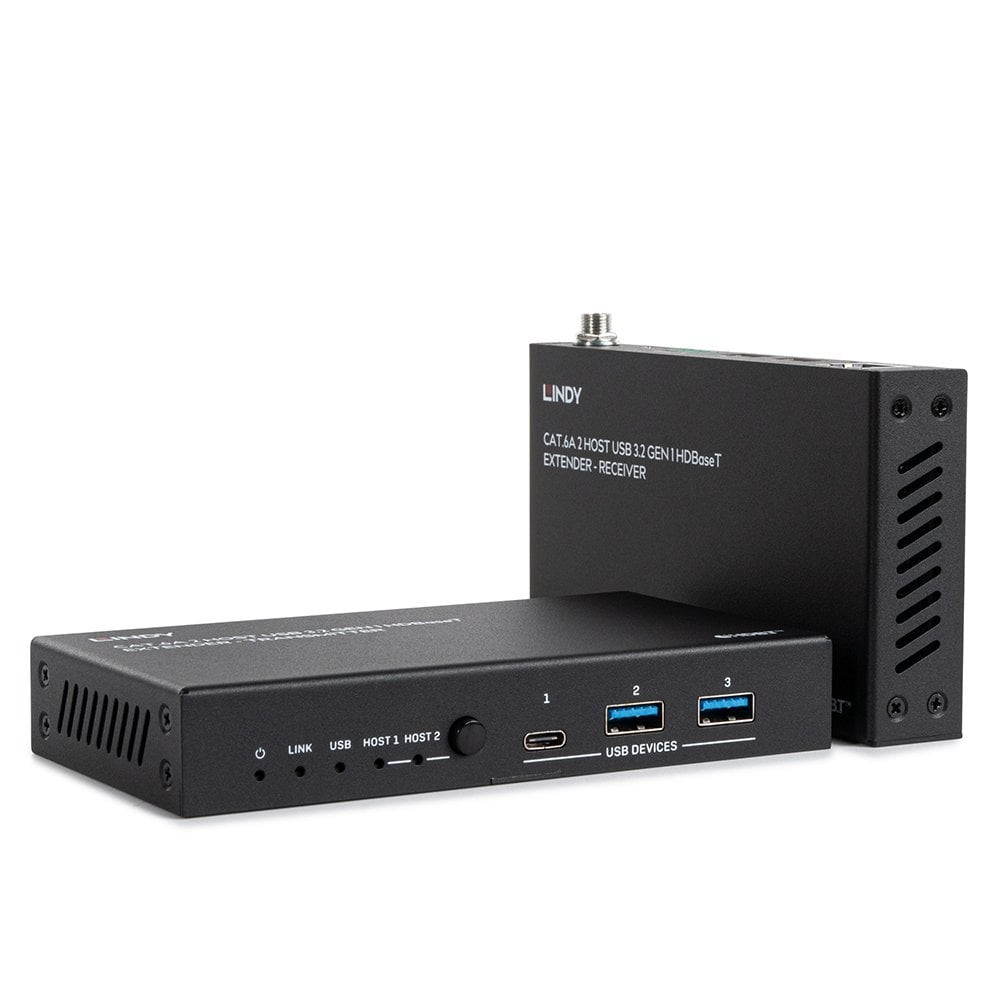 Black metal HDBaseT extender with two USB 3.2 Gen 1 ports, labeled "LINK," and "USB DEVICES," featuring a compact design and ventilation slots for heat dissipation.