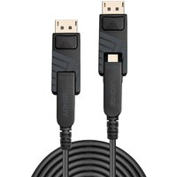 Black Lindy 100m Fibre Optic Hybrid Mini DisplayPort 1.4 Cable with detachable connectors and coiled design.