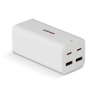 White Lindy 100W GaN charger with two USB Type-C and two USB Type-A ports, compact rectangular design.