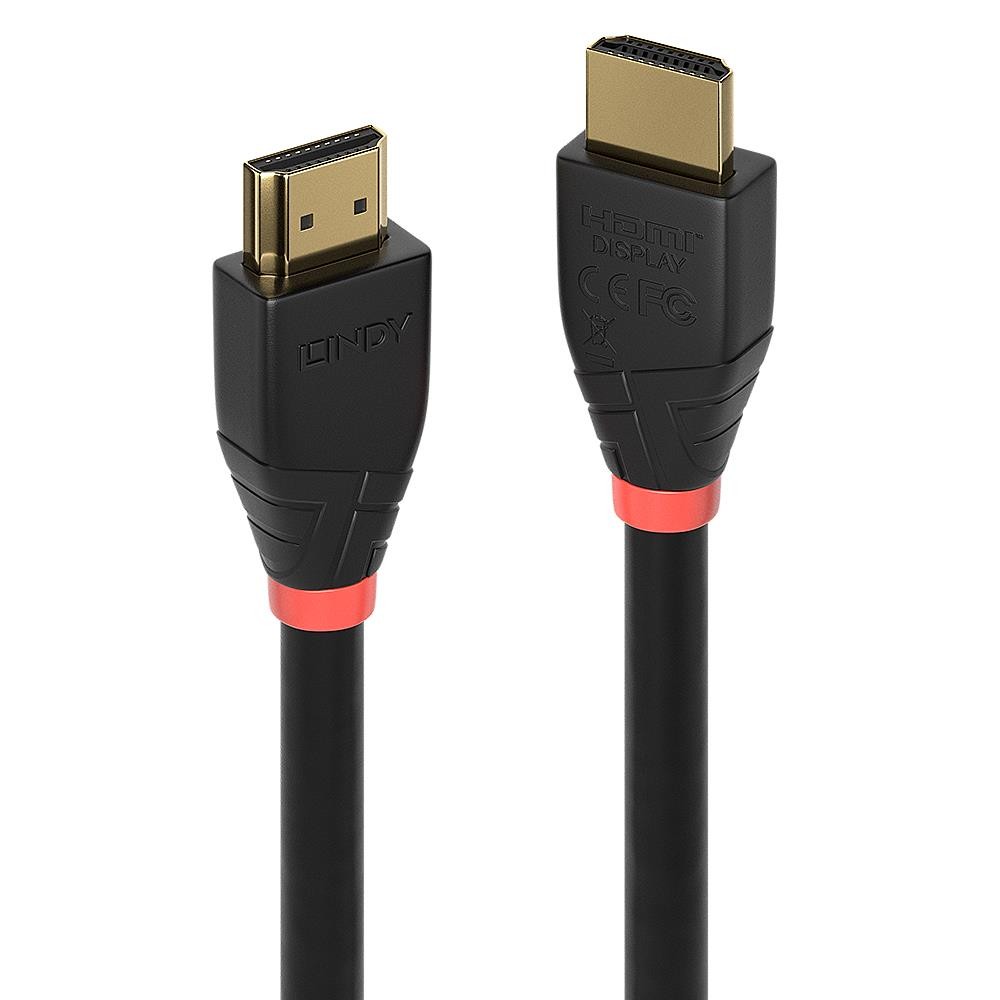 Black HDMI cable measuring 10 meters, featuring gold-plated connectors and red accents, designed for 4K UHD video transmission.