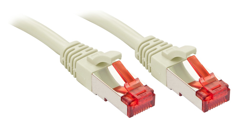 Lindy 10m Cat.6 S/FTP network cable in grey, featuring two connectors with red clips, designed for high-speed data transmission.