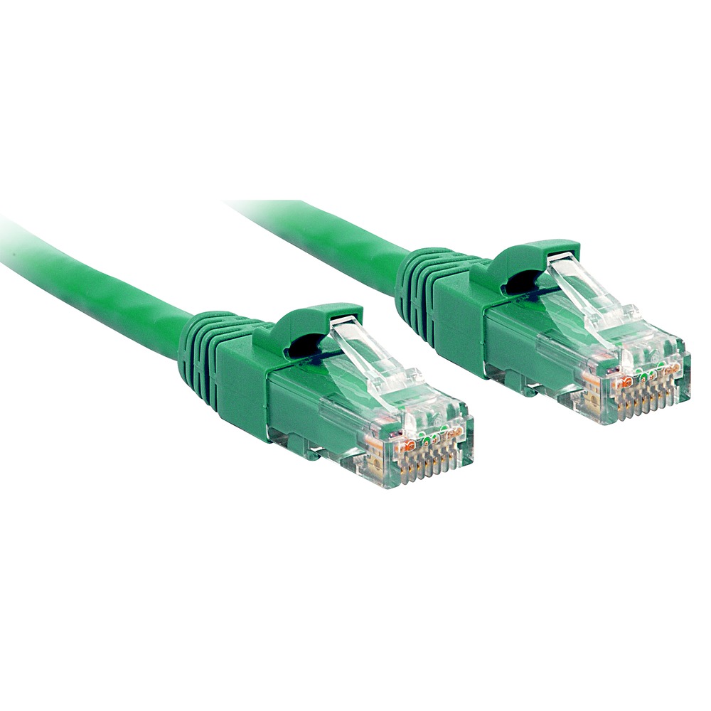 Green 10m Cat.6 U/UTP network cable with clear plastic connectors on both ends, featuring locking tabs for secure connection.