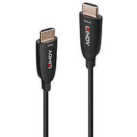 Black Lindy 10m Fibre Optic Hybrid HDMI 8K60 Cable with gold-plated connectors and red Lindy logo on each end