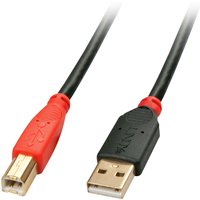 Black and red Lindy 10m USB 2.0 Type A to B active cable with gold-plated connectors.