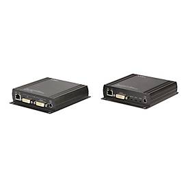 Black metal KVM extender with two rectangular boxes, featuring DVI-D, USB, audio, and RS-232 ports on the back for connectivity.