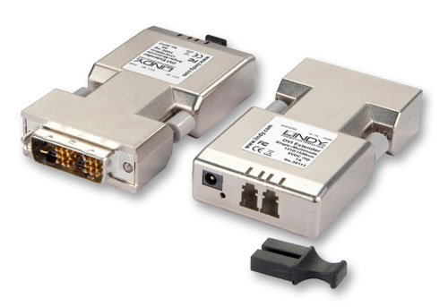 Silver metal DVI-D single link extenders with gold-plated connectors, featuring a power input and a network port, labeled with Lindy branding and specifications.