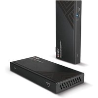 Black Lindy HDBaseT KVM Extender with DisplayPort, USB, IR, RS-232 ports, sleek design, and vented sides.