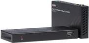 Lindy 4K HDMI & IR HDBaseT Extender in black, featuring a compact design with multiple ports, ideal for extending signals up to 150m over Cat6 cables.