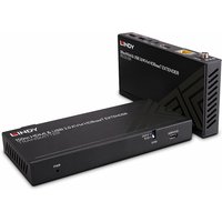 Black Lindy 150m Cat.6 HDMI 4K60 HDBaseT KVM Extender with USB 2.0, IR ports, and ventilation slots.