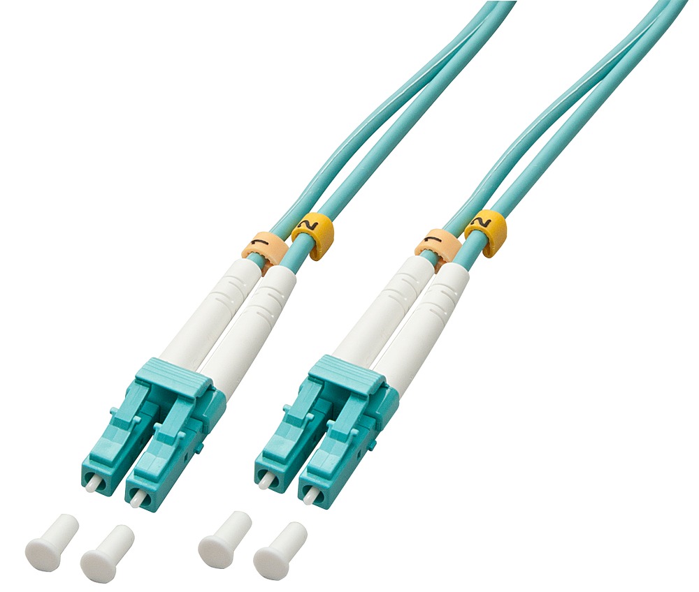 Turquoise LC-LC OM3 50/125 fibre optic patch cable with two connectors and three protective caps, designed for high-speed data transmission.