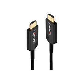 Black 15m fibre optic hybrid HDMI cable with gold-plated connectors, featuring the Lindy logo on a sleek, durable casing for ultra high-speed data transmission.