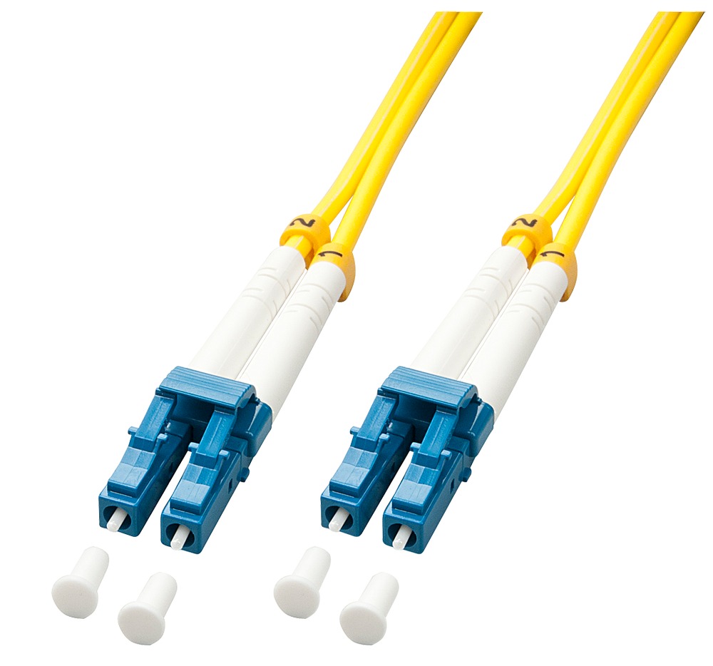 Yellow 15m fibre optic patch cable with two blue LC connectors and white plastic dust caps, designed for high-speed data transmission.