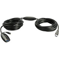 Black Lindy 15m USB 3.0 Active Extension cable with USB-A connectors and signal booster in the middle.