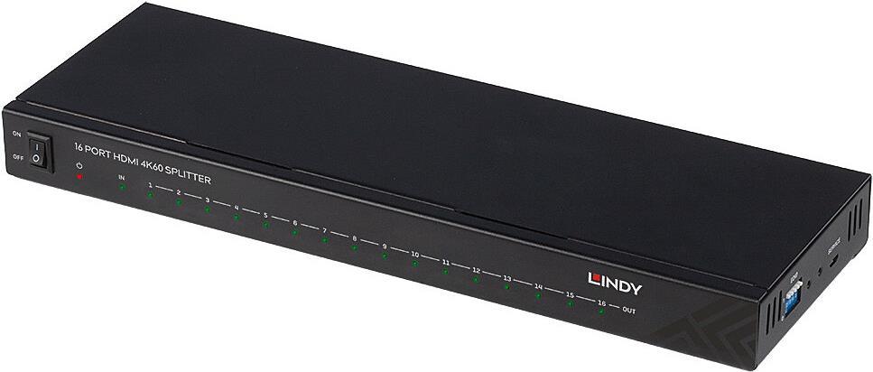 Black metal HDMI splitter with 16 ports, featuring a power switch, LED indicators, and a sleek design, supports 4K at 60Hz and HDCP 2.2.