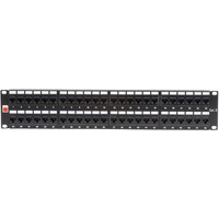 Black Lindy 19" CAT6 2U 48 Port RJ-45 Patch Panel, unshielded, with rows of numbered ports and mounting brackets.