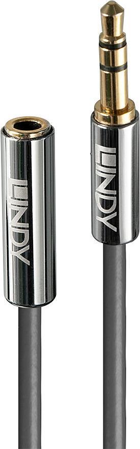 Lindy 1m 3.5mm extension audio cable featuring a sleek chrome-plated connector with gold tips and a durable black cable for enhanced audio connectivity.