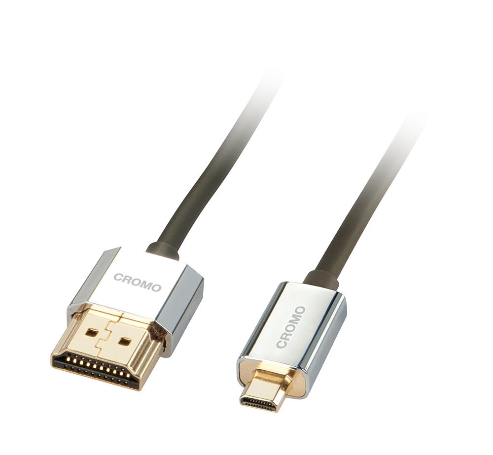 High-speed HDMI to Micro HDMI cable, 1m long, featuring a slim design with metallic connectors and a flexible black cable, suitable for connecting devices with Ethernet support.