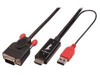 Black 1m HDMI to VGA adapter cable featuring a red USB power connector, with a VGA connector on one end and an HDMI connector on the other, designed for video signal conversion.