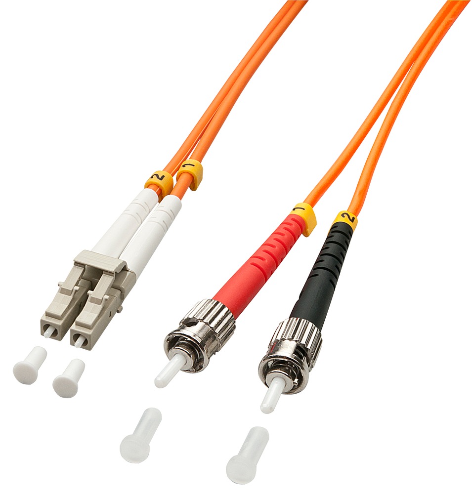 Lindy 1m LC-ST OM2 50/125 fibre optic patch cable featuring orange cables with white, red, and black connectors, designed for high-speed data transmission.