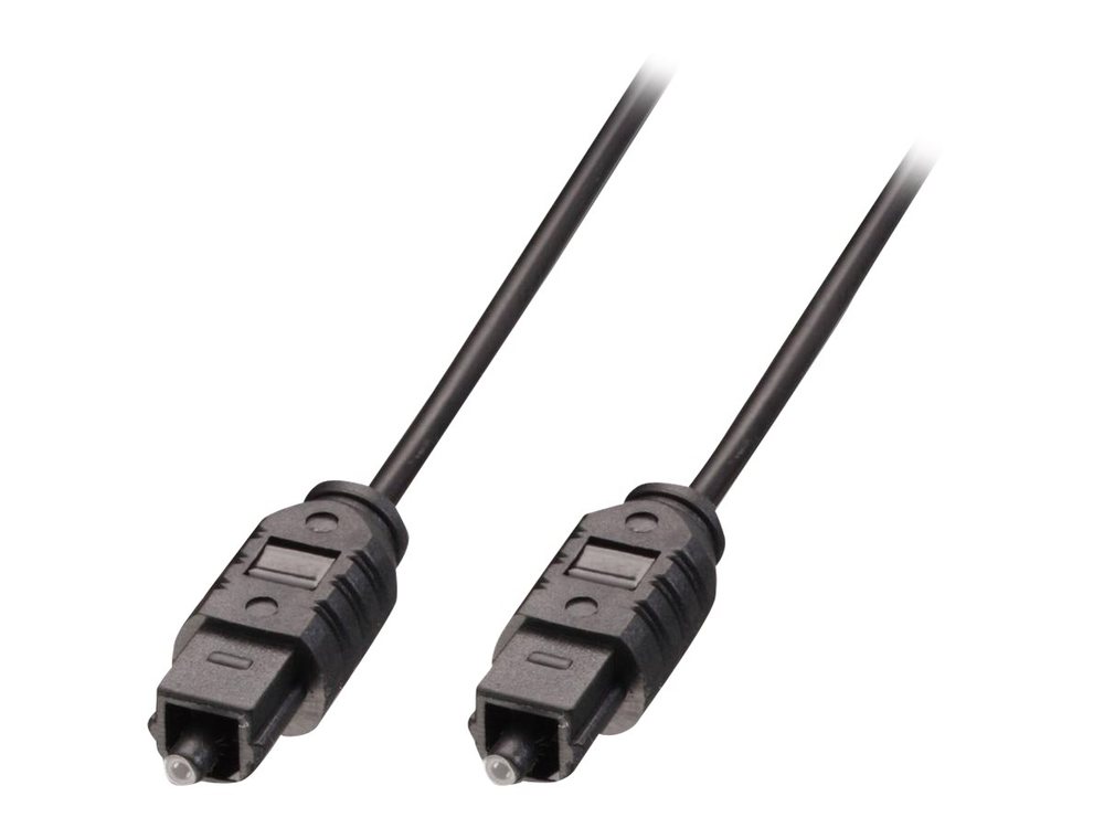 Black 1m TosLink SPDIF digital optical cable featuring durable plastic connectors with protective caps on both ends.