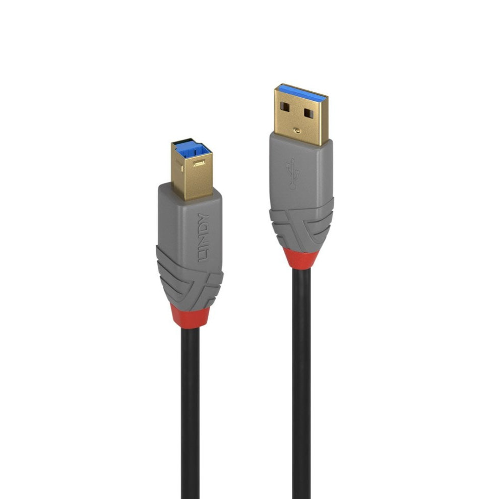 Lindy 1m USB 3.2 Type A to B cable in black with gray and red connectors, featuring gold-plated contacts for high-speed data transfer up to 5Gbps.