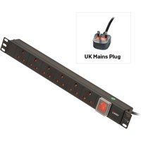 Black Lindy 1U 6 Way UK Horizontal PDU with red switches, UK mains plug, and mounting brackets.